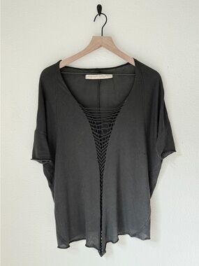 Raquel Allegra Black Short Sleeve Draped Top with crochet Ladder Front - EUC - 0